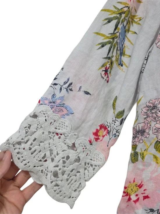 J. Jill Floral Scoop-Neck Crochet Sleeve Line Blouse - White with Pink & Blue - Picture 5 of 7